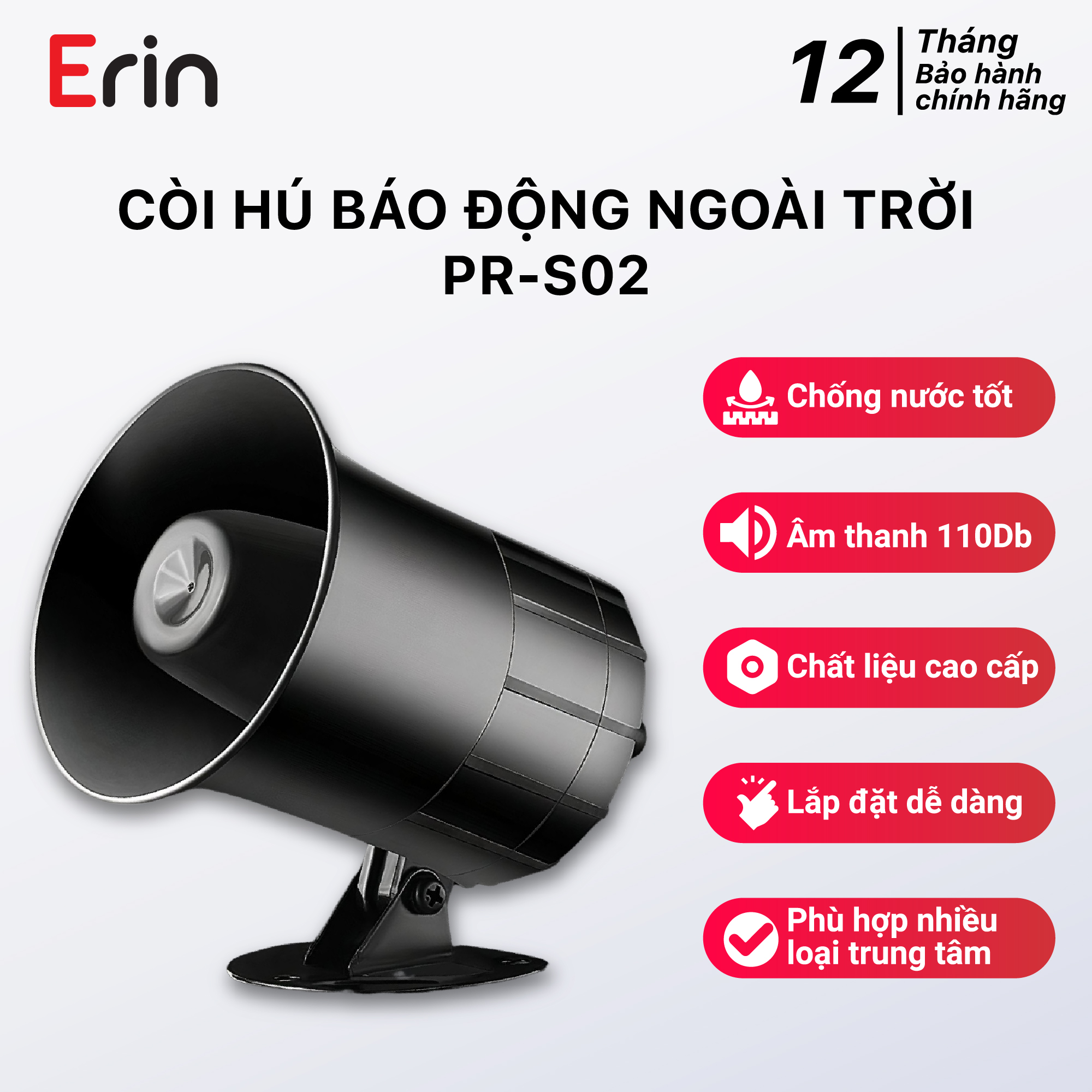 Còi báo động chống trộm ngoài trời 12V PINGRON PR-S02 - Âm thanh báo động 110dB, chống nước tốt, phù hợp với nhiều trung tâm