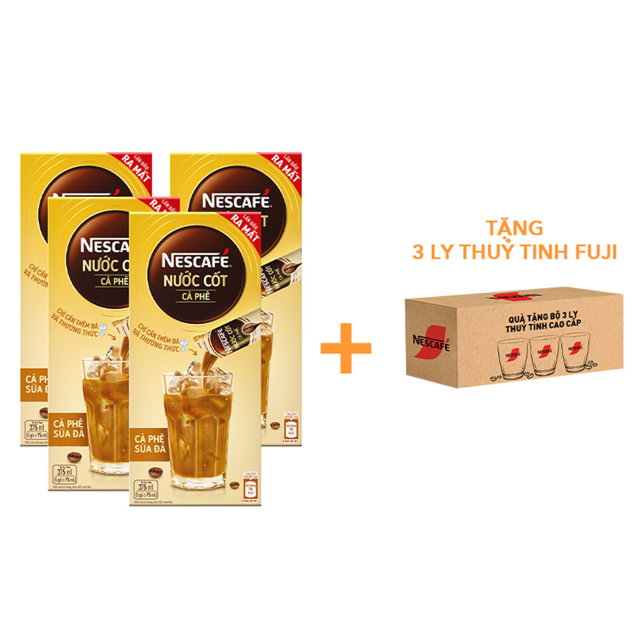 [TẶNG 3 LY THUỶ TINH] Combo 4 hộp nước cốt cà phê NESCAFÉ - CÀ PHÊ SỮA ĐÁ (4 hộp x 5 gói x 75ml)