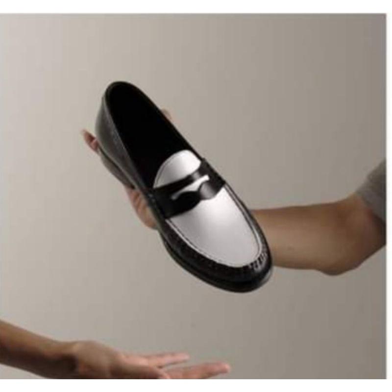 Penny Loafer Black White, giày lười nam da thật đế phíp