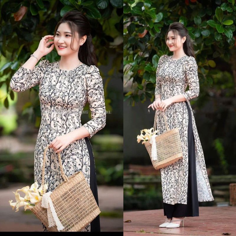 Set áo dài truyền thống tay phồng họa tiết hoa nhí
