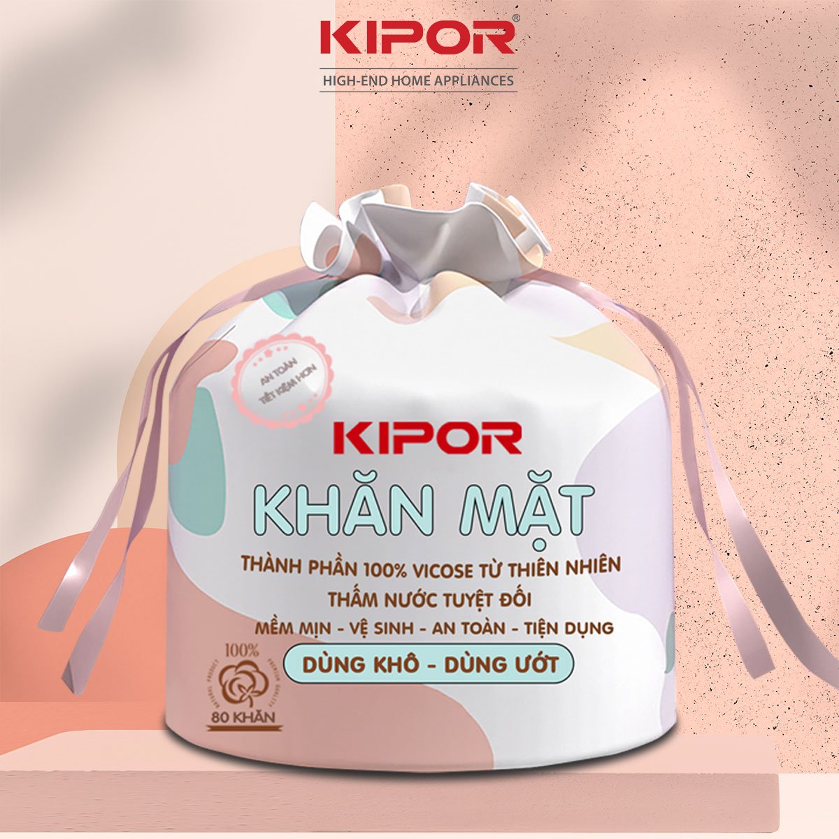 Khăn mặt khô KIPOR dùng 1 lần lau khô, lau ướt - 80 khăn/cuộn, kích thước 20x20cm - Hàng chính hãng