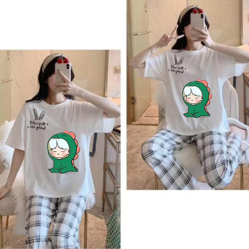 Sét Bộ Nữ SS20, Sét Đồ Nữ Đi Chơi Đẹp In Cô Gái Khủng Long Xanh, Sét Áo Vải Cotton, Và Quần Kẻ Màu Cá Tính