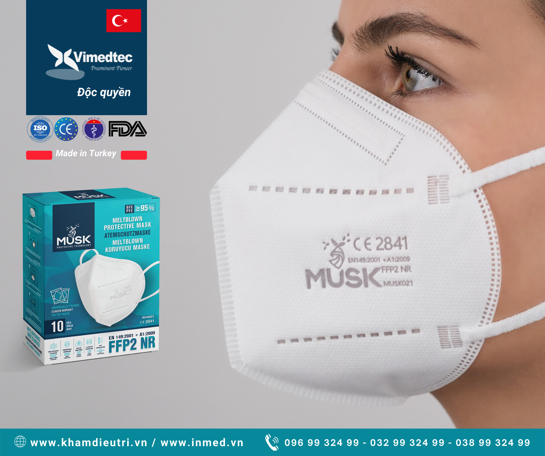 MUSK KHẨU TRANG Y TẾ 5 LỚP N95 / FFP2 Nhập Khẩu Châu Âu Turkey, Phòng Tránh Lây Nhiễm Vi Khuẩn, Virus, Bệnh Hô Hấp, Hoá Chất, Phòng Thí Nghiệm, Bệnh Viện, Môi Trường Y Tế, Bụi Khuẩn Độc Hại. LỌC VI KHUẨN, VIRUS 99%. Hộp 10 Chiếc Màu Trắng