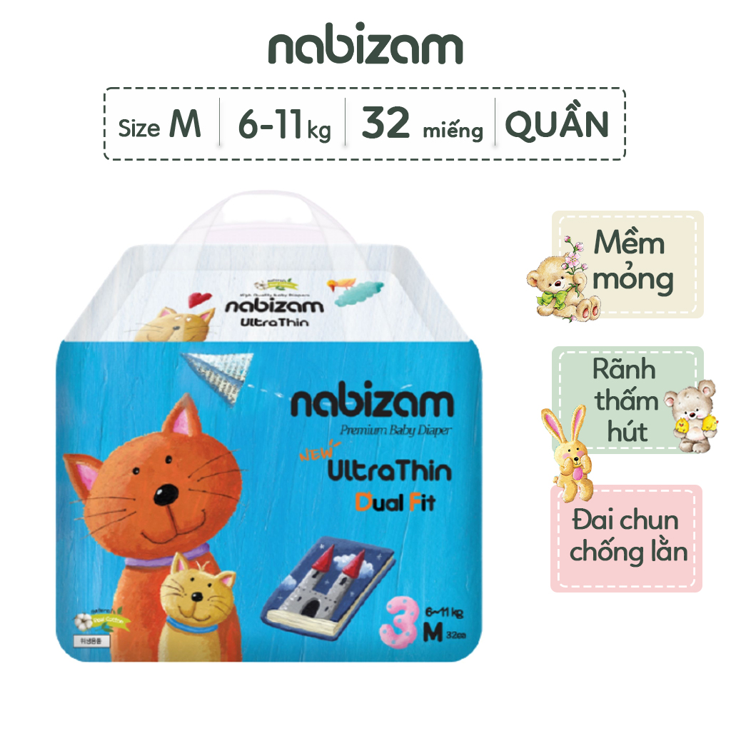 Tã/Bỉm Quần Nabizam UltraThin Nội Địa Hàn Cao Cấp Mỏng Vượt Trội, Thấm Hút Và Chống Tràn Hiệu Quả Size M/6-11kg/32 miếng