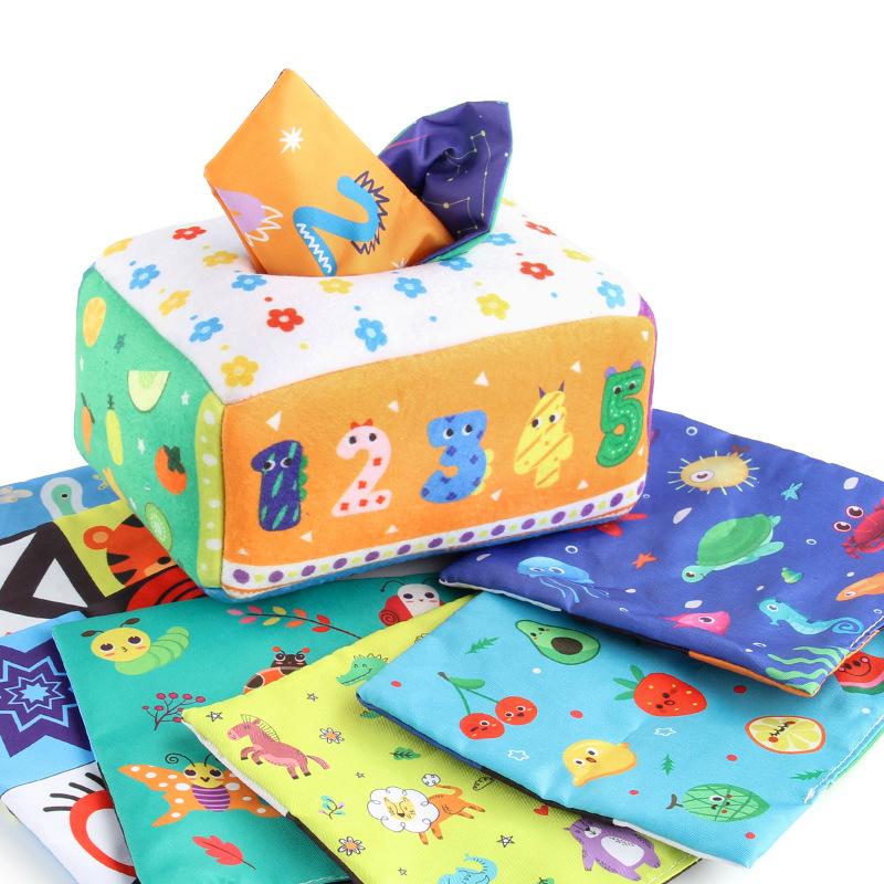 Đồ chơi em bé từ 3 tháng, cảm biến Đồ chơi hộp mô trẻ em với 3 chiếc giấy vụn / 8 chiếc khăn đầy màu sắc, đồ chơi tương phản em bé, đồ chơi crickling em bé từ 3 6 9 12 tháng