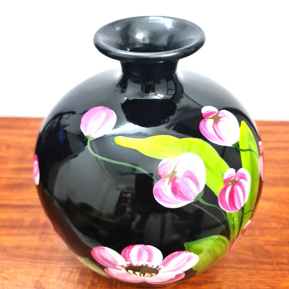 Bình Hút Lộc Gốm Sơn Mài Đen Vẽ Hoa Văn - 24 Cm - Mx