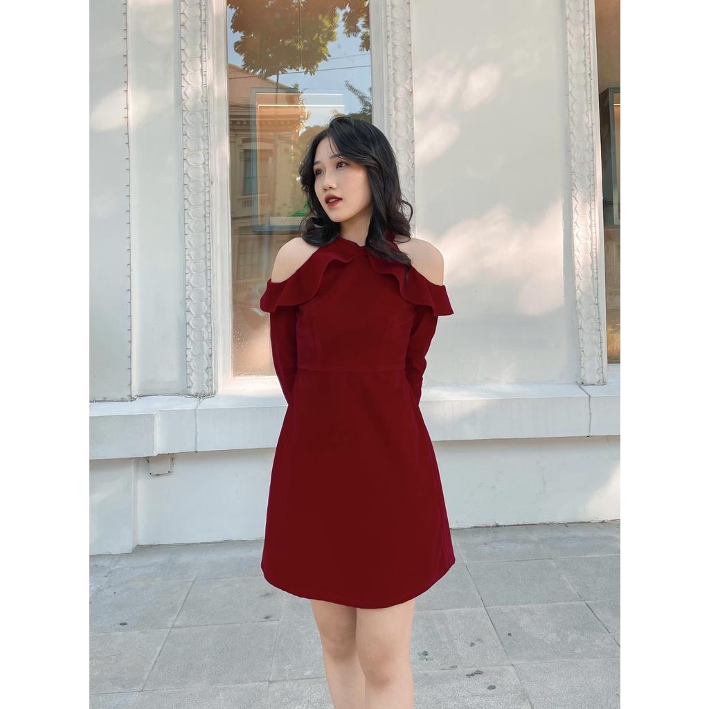 Váy nhung đỏ hở vai dáng ngắn có lớp lót đi chơi đi tiệc