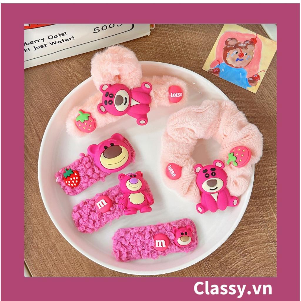 Bộ sưu tập dây cột tóc băng đô và Kẹp Classy tóc màu hồng tía, in hình gấu Teddy cute ngộ nghĩnh PK799