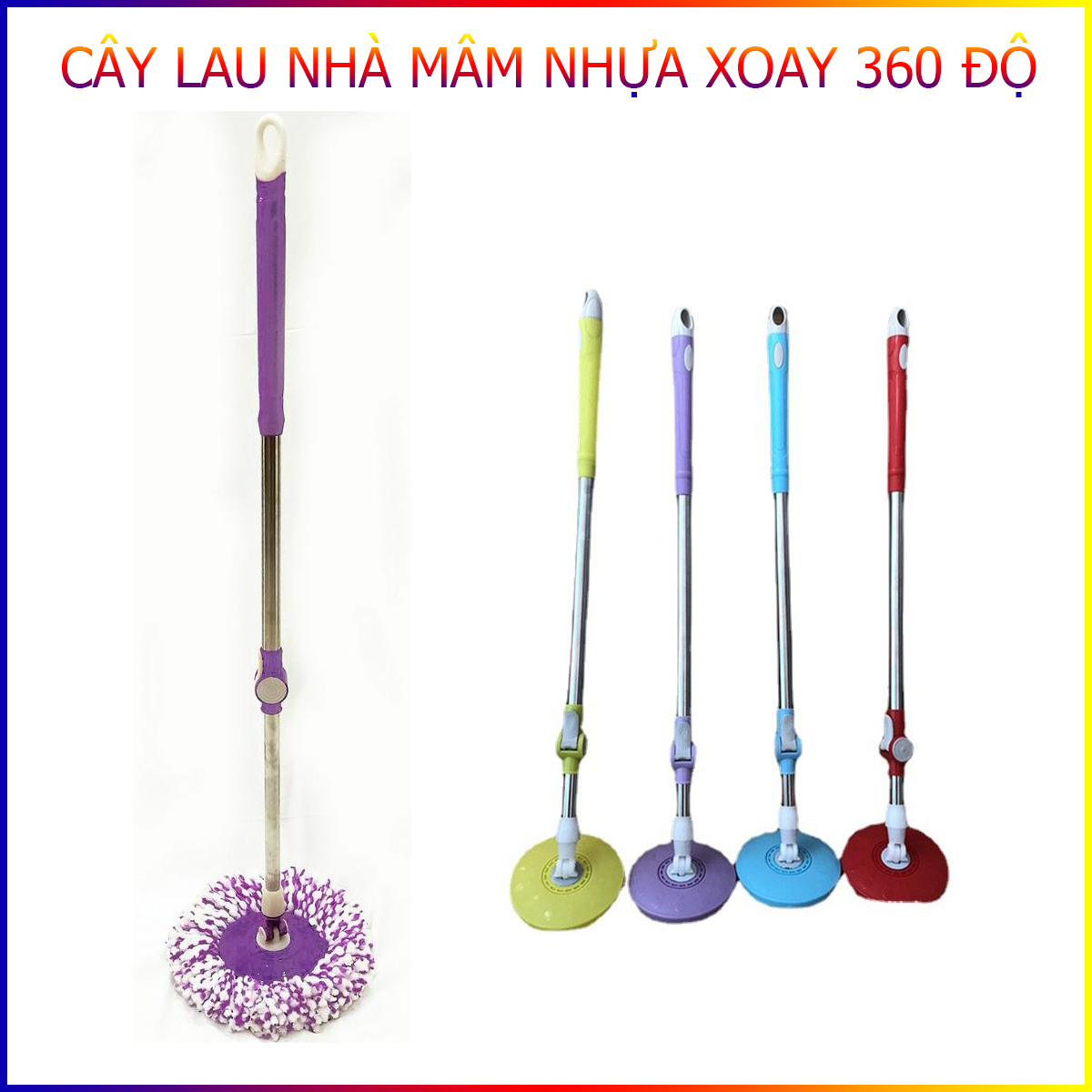 Cây Lau Nhà Xoay 360 Độ Cán Inox Mâm Nhựa Tiện Dụng Kèm Bông Lau