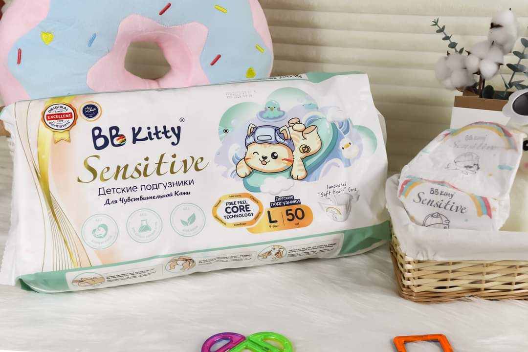 [L50]Tã/Bỉm Dán  BB KITTY SENSITIVE dành cho da Nhạy Cảm size L 50 miếng/ 09 - 14 kg mẫu mới 2024