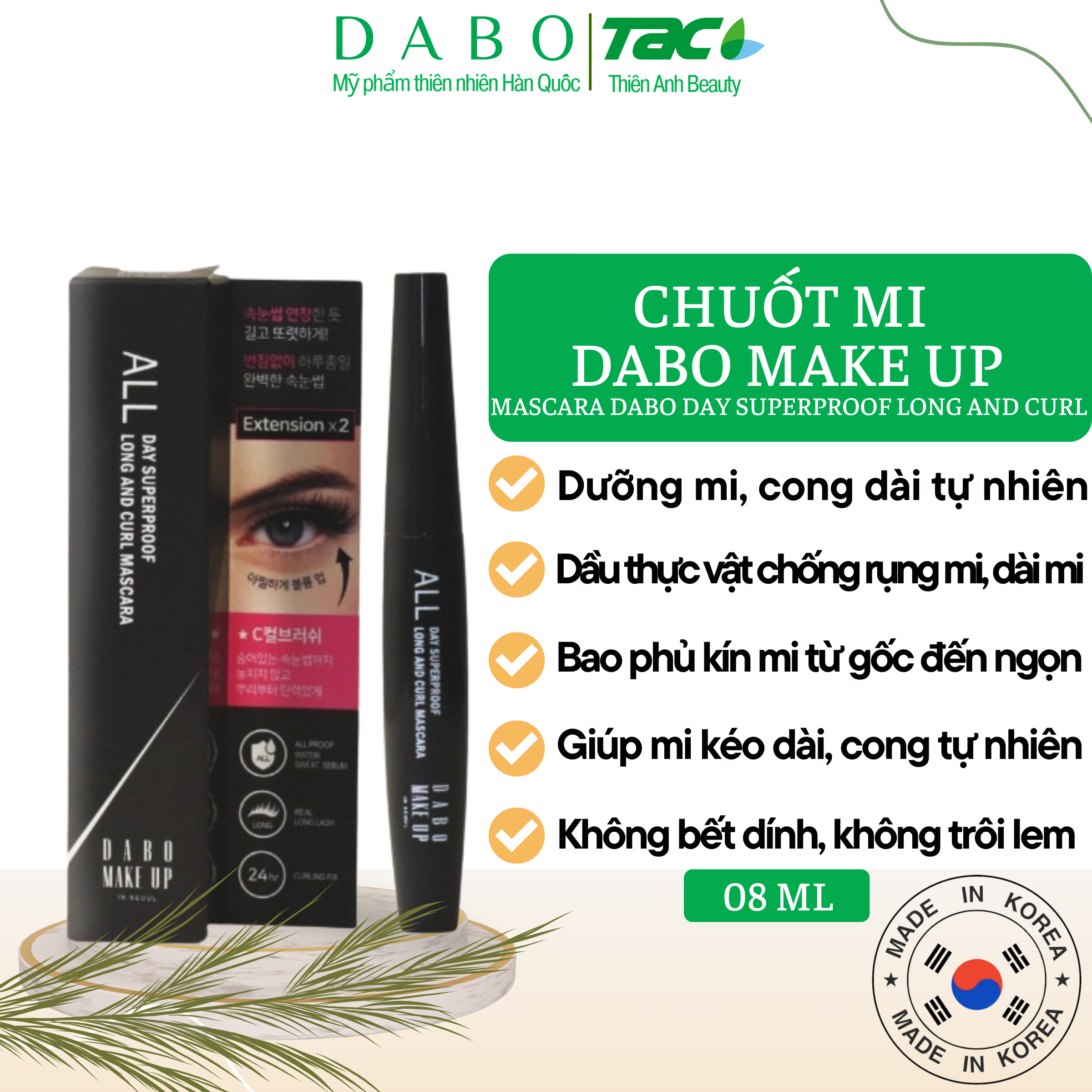 Chuốt Mi DABO SUPERPROOF LONG AND CURL MASCARA CONG - DÀI - DƯỠNG DÀI MI - CHỐNG LEM 8ml