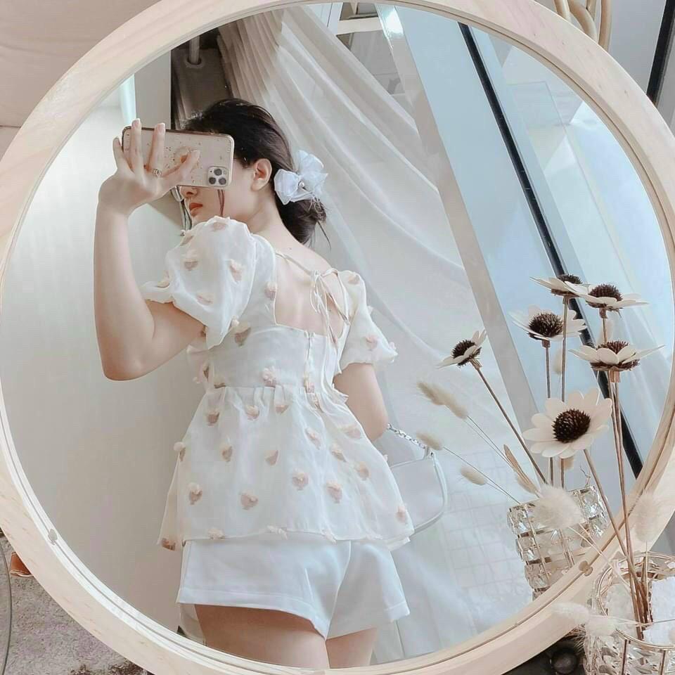 Set bộ đùi đồ nữ áo phối họa tiết cổ vuông tay phồng kèm chân váy