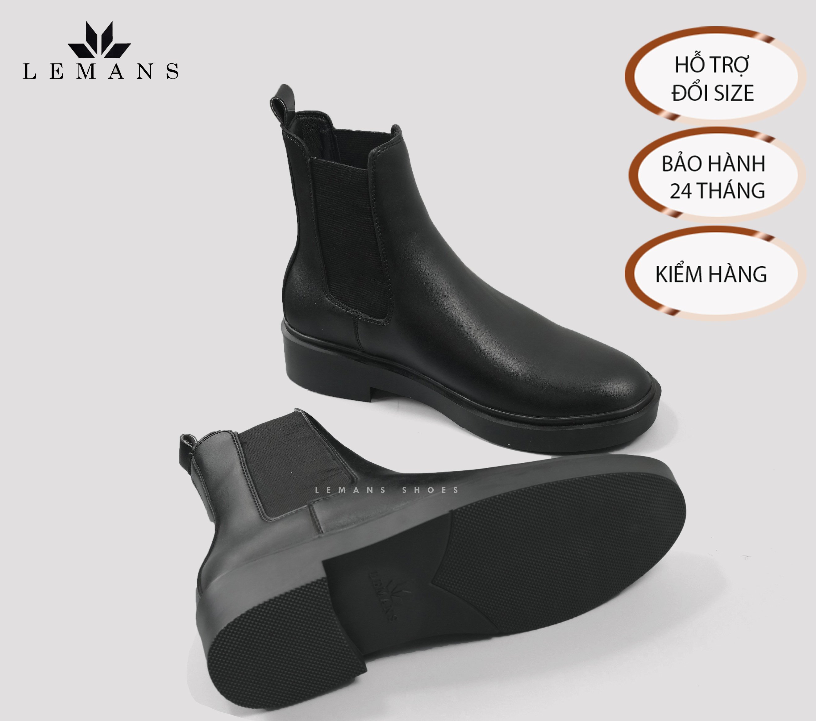 Giày da bò Chelsea Boots Black LEMANS CB66, đế Lemans cao 4cm, boot nam chelsea boot nam, bảo hành 12-24 tháng