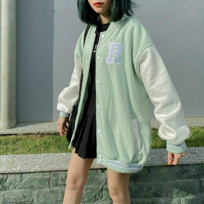 Áo khoác cardigan nữ bomber thêu chữ R form rộng phong cách Hàn Quốc
