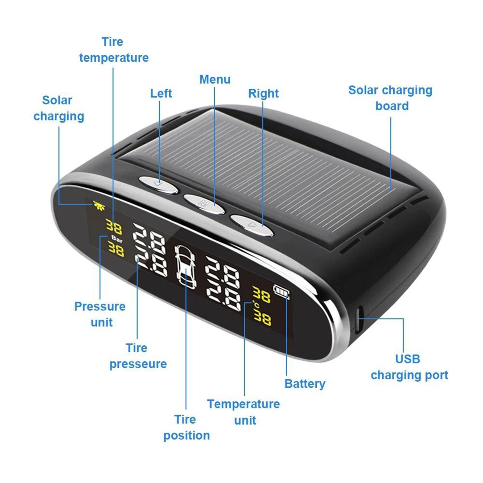 Solar Powered Universal Auto SUV Vehicle Tire Pressure Temperature Monitor Tyre Detection System Real Time LCD Display