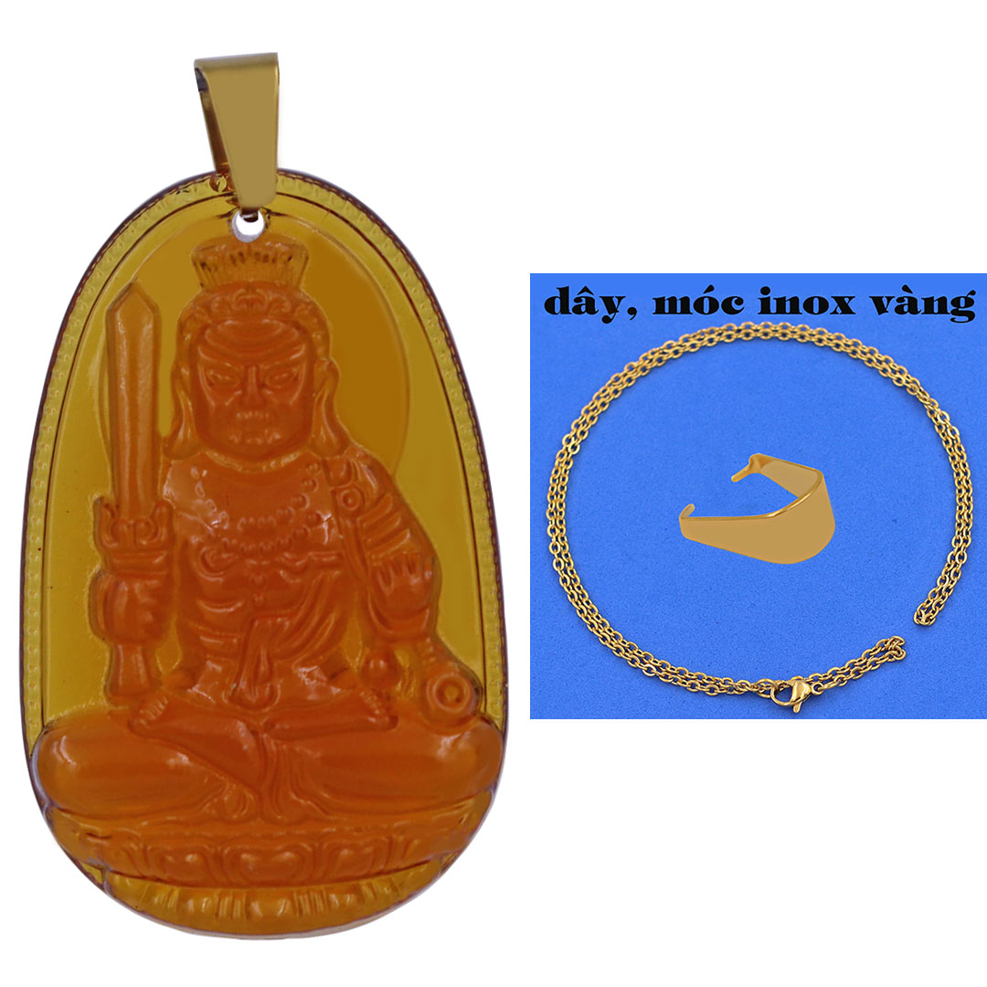 Mặt Phật Bất động minh vương 5 cm pha lê trà kèm móc và dây chuyền inox vàng, Mặt Phật bản mệnh