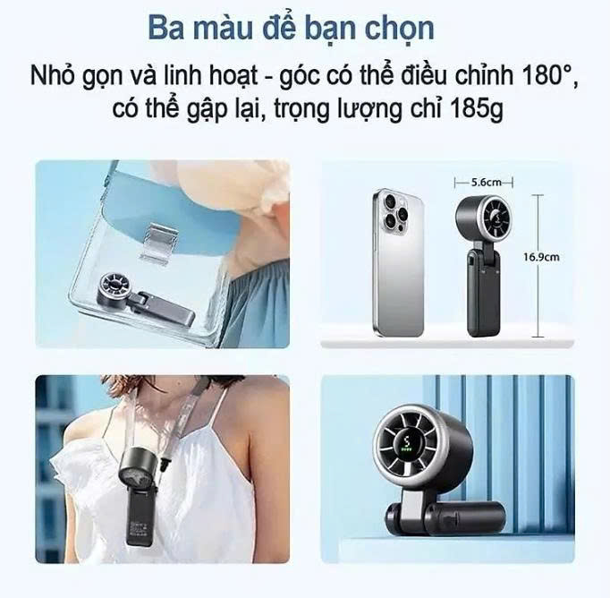 [KoSuyTu] Quạt ION Cầm Tay - 5 Tốc Độ Gió Hiển Thị Màn Hình Led, Pin Trâu 4000mAh, Xoay 180 Độ, Gấp Gọn, Có Dây Đeo