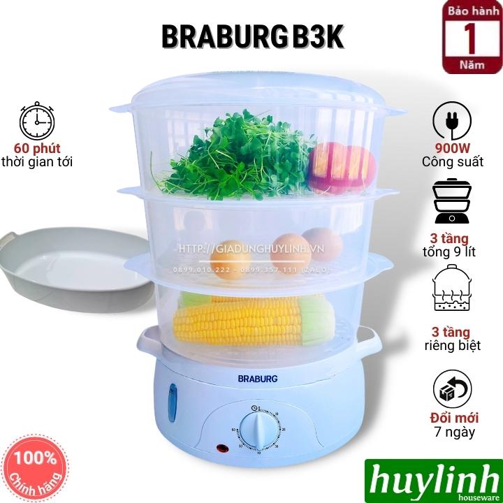 Nồi hấp điện 3 tầng Braburg B3K - dung tích 9 lít - Hàng chính hãng