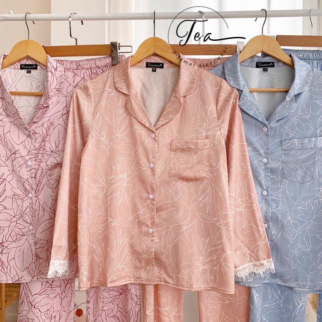 Bộ mặc nhà Pyjama lụa cao cấp Tea Store viền ren 3 màu siêu sang