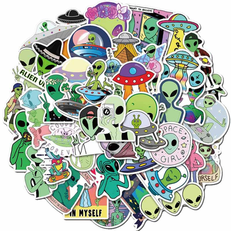 Sticker người ngoài hành tinh Aliens trang trí mũ bảo hiểm, đàn, guitar, ukulele, điện thoại laptop
