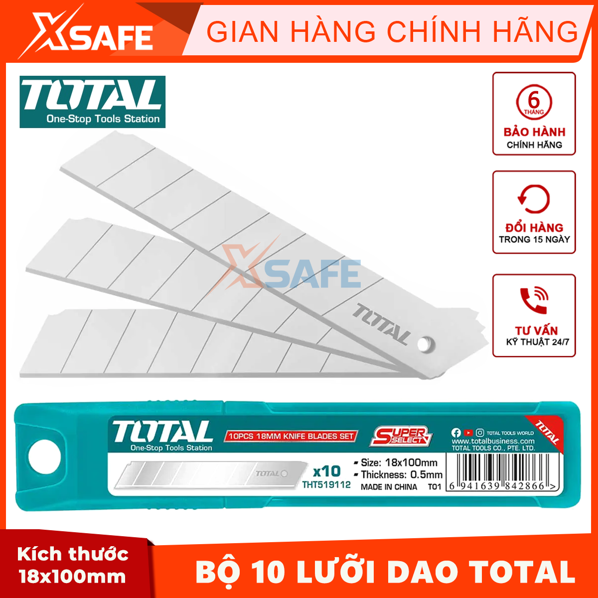 Bộ 10 lưỡi dao rọc giấy TOTAL THT519112 Bộ lưỡi dao rọc giấy size 18x100mm, dùng rọc giấy, cắt bìa carton, v.v.