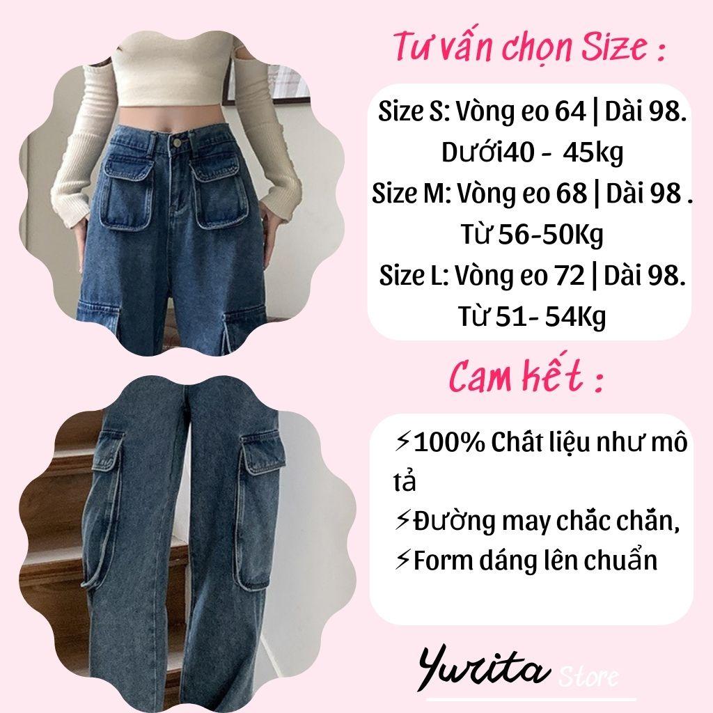 Quần Jean Túi Hộp Ống Rộng 6 Túi Yurita Quần Jeans Ống Đứng Dáng Suông Nữ Cạp Cao Màu Xanh