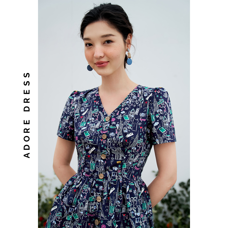 Đầm mini vải thô navy in họa tiết 3ASDR1190 ADORE DRESS