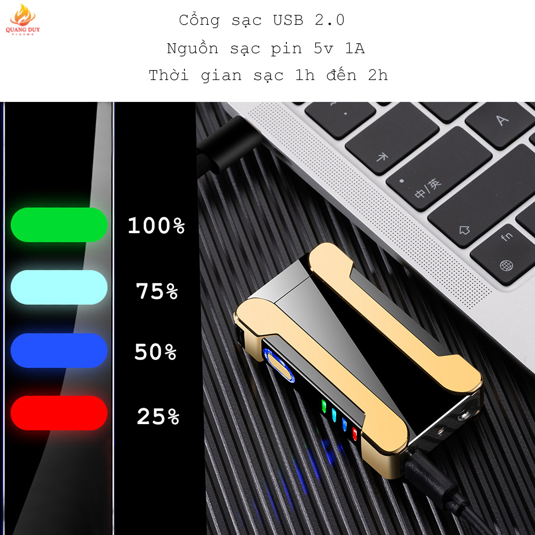 Bật lửa usb lighter 4 tia plasma tích hợp đèn led logo, có 4 đèn hiển thị 4 mức độ pin theo dõi tiện lợi