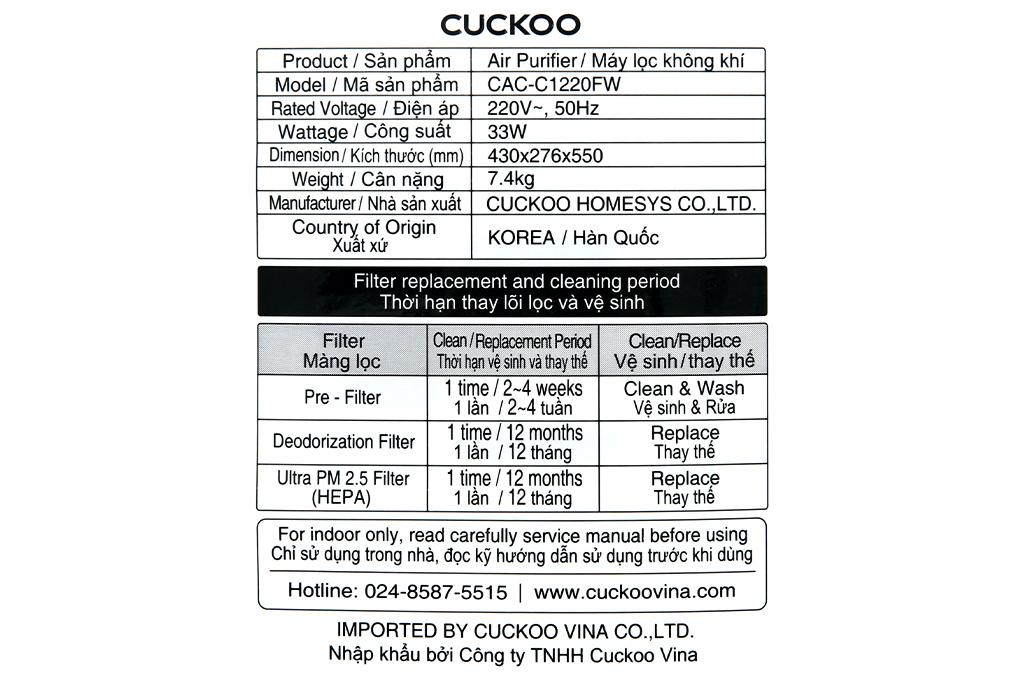 Máy lọc không khí Cuckoo CAC-C1220FW - Hàng chính hãng