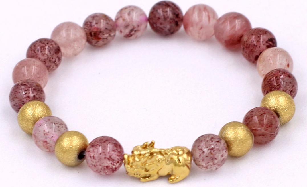 Vòng tay Tỳ hưu inox vàng - Chuỗi đá thạch anh dâu tây 8 ly VTADTTHVB8 - Vòng tay phong thủy