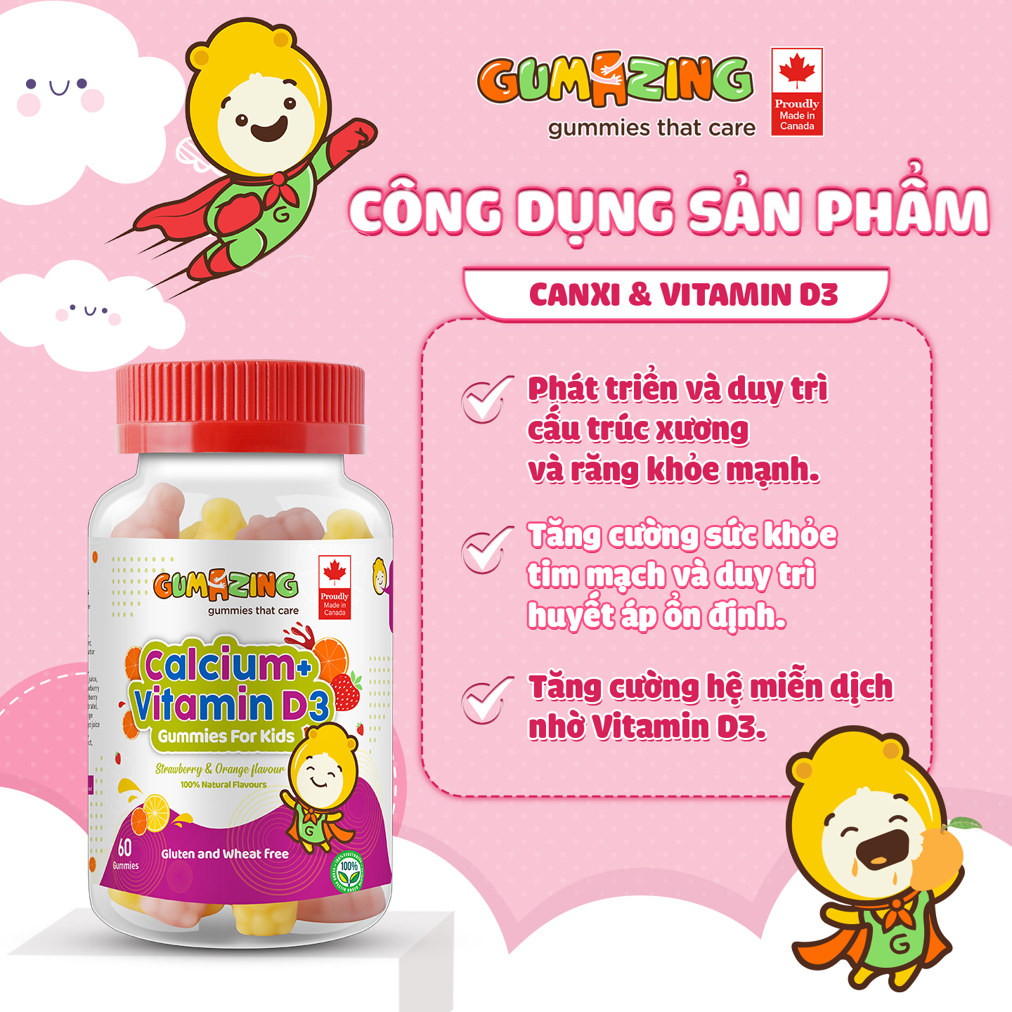 [Voucher 65k] Kẹo dẻo dinh dưỡng Gumazing Gummy Vitamin D3 & Canxi hương trái cây dành cho bé, hỗ trợ sự phát triển của xương và răng - 60 viên/hủ