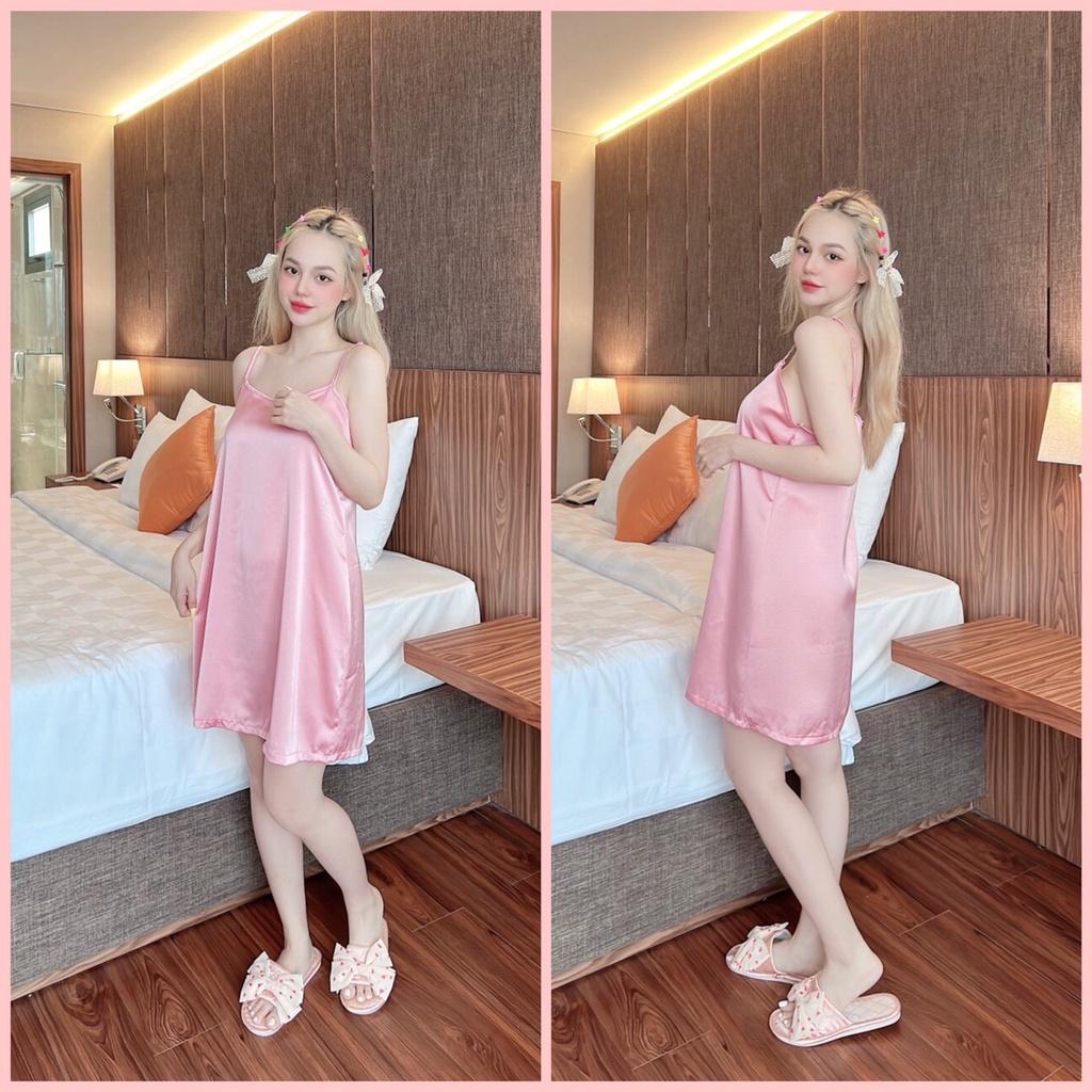 Giá rẻ Siêu xinh đầm ngủ trơn lụa satin vải mềm min cao cấp freesize 58kg
