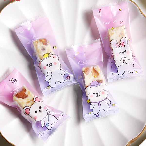 Túi gói kẹo Nougat, Túi đựng bánh cookie, vỏ túi đóng kẹo hạnh phúc size 4*9 cm (gấu thỏ tím)