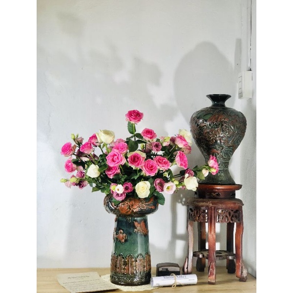 BÌNH HOA KHẮC TAY GỐM HOÀNG THỔ H33xM12cm