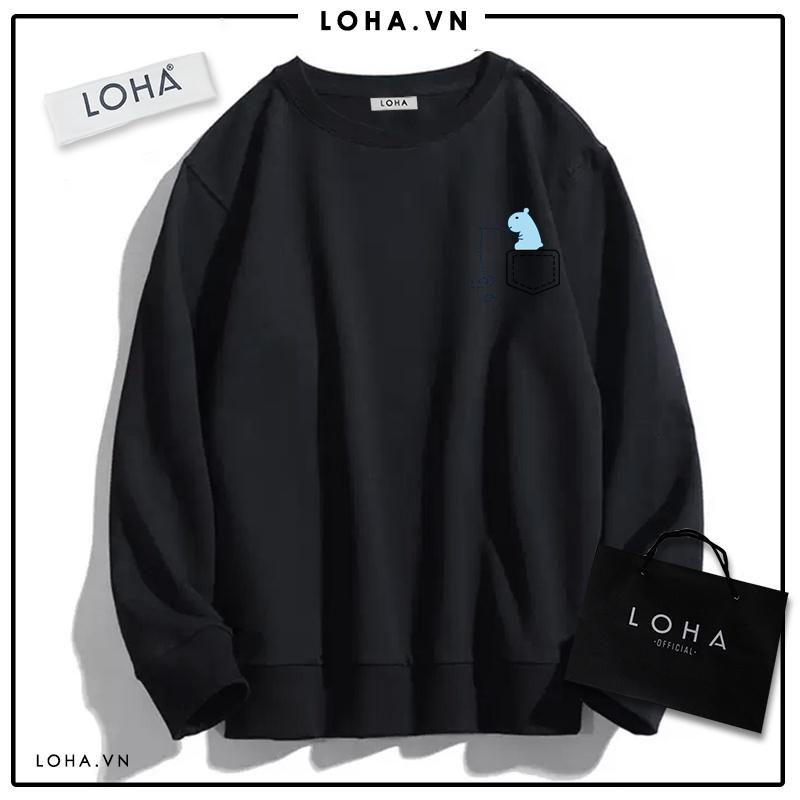Áo Sweater In Hinh Túi Giả LOHA Basic, áo nỉ Nhật cao cấp dài tay Unisex LOHA
