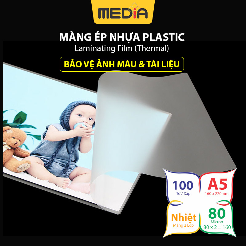 Màng Ép Plastic A5 MEDIA inkjet, Màng Ép Nhựa Plastic, Kích Thước 16 x 22cm (A5), Độ Dày 40-60-80 Micro, 100 Tờ, Lưu Trữ Bảo Vệ Tài Liệu, Ảnh Màu Khỏi Bụi Bẩn, Ẩm Móc Và Nước - Hàng Chính Hãng