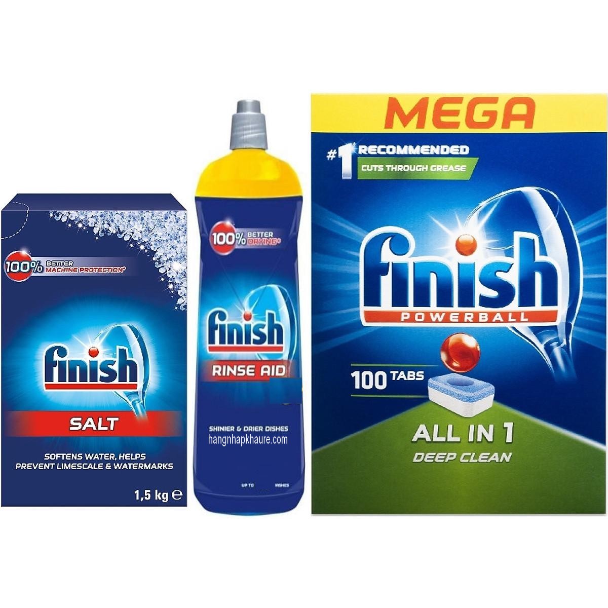 Combo Viên rửa bát fnish All in one 100 viên+Dung dịch nước làm bóng finish 750ml+Muối rửa bát chén finish 750ml cho Máy rửa bát