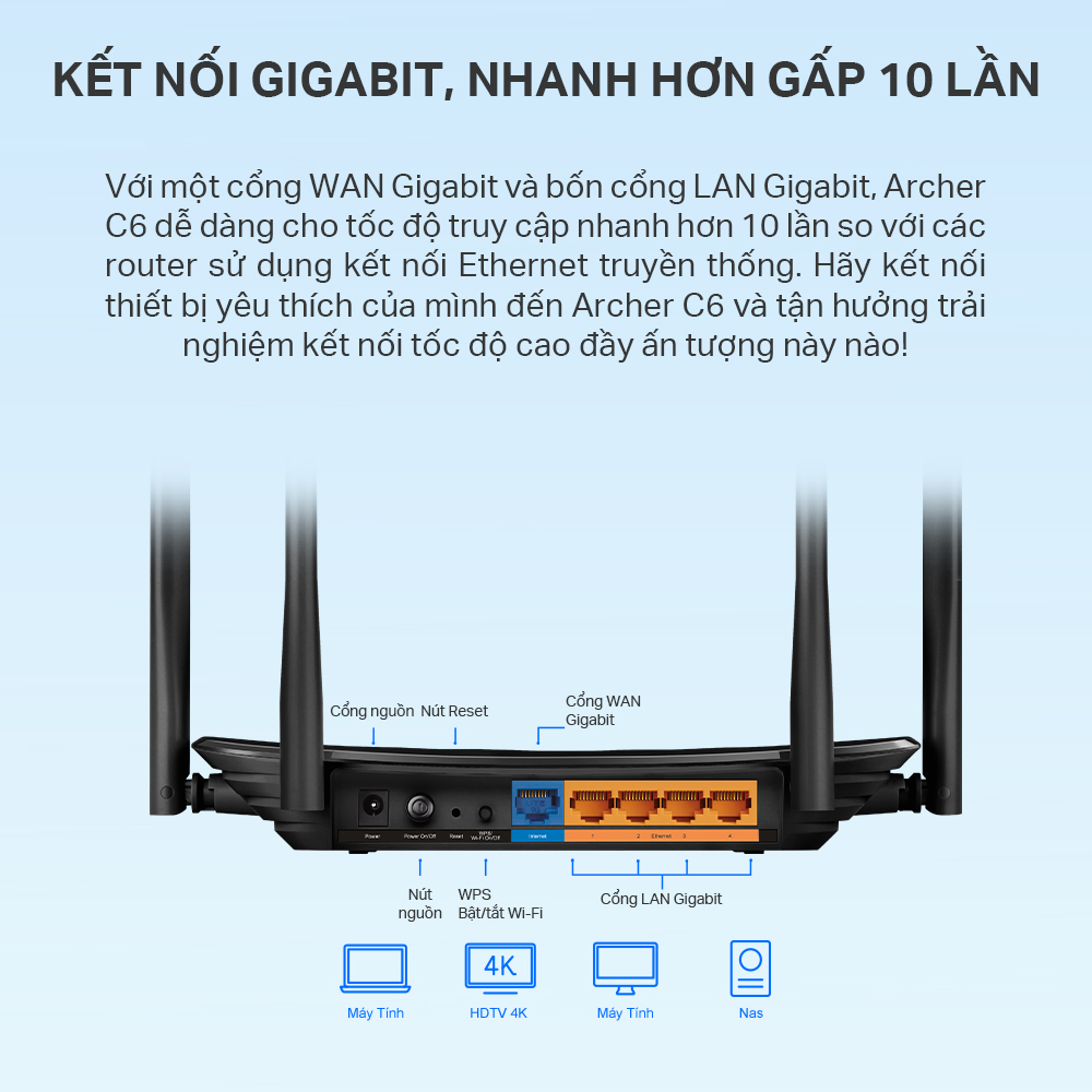 Router Wifi Băng Tần Kép TP-Link Archer C6 Gigabit AC1200 MU-MIMO - Hàng Chính Hãng