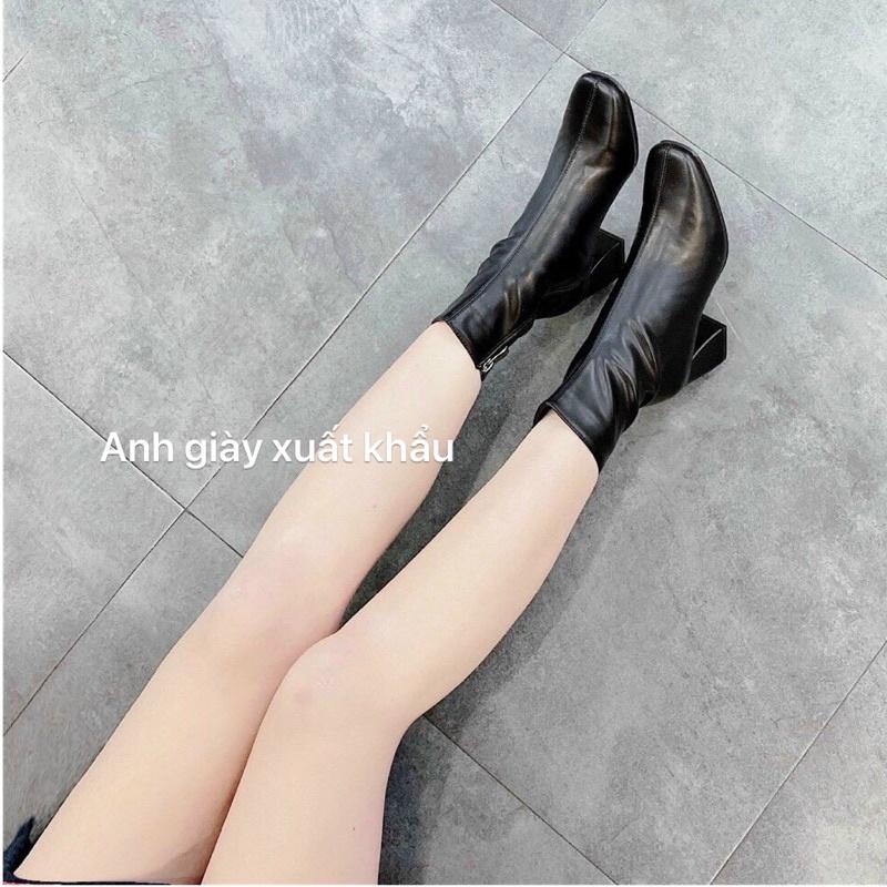 B44 - Bốt lửng cao cổ mũi vuông da lì khoá cạnh hàng hộp xịn MIDiLi
