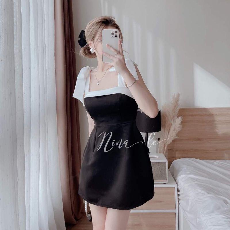 ĐẦM 2 DÂY THẮT NƠ PHỐI MÀU ĐEN TRẮNG