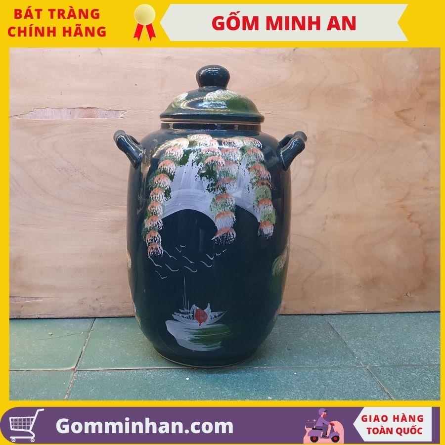 Hũ đựng gạo vẽ phong cảnh gốm Minh An Bát Tràng dung tích 10l đựng 8kg gạo