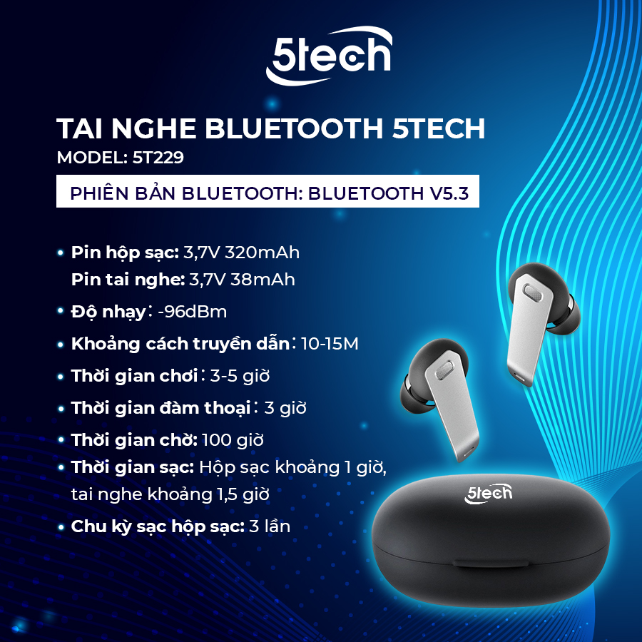 Tai nghe bluetooth, tai nghe không dây 5TECH 5T229 nhét tai, hàng chính hãng full chức năng cảm ứng nhậy âm thanh chuẩn HIFI