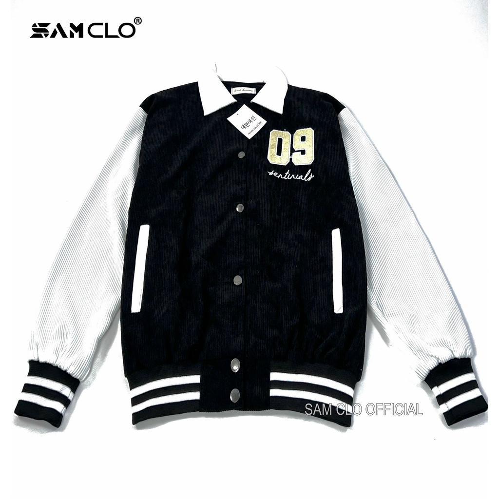 Áo khoác NHUNG bomber CÀI NÚT freesize SAM CLO form rộng nam nữ unisex mặc cặp - couple CÓ CỔ thêu số 09
