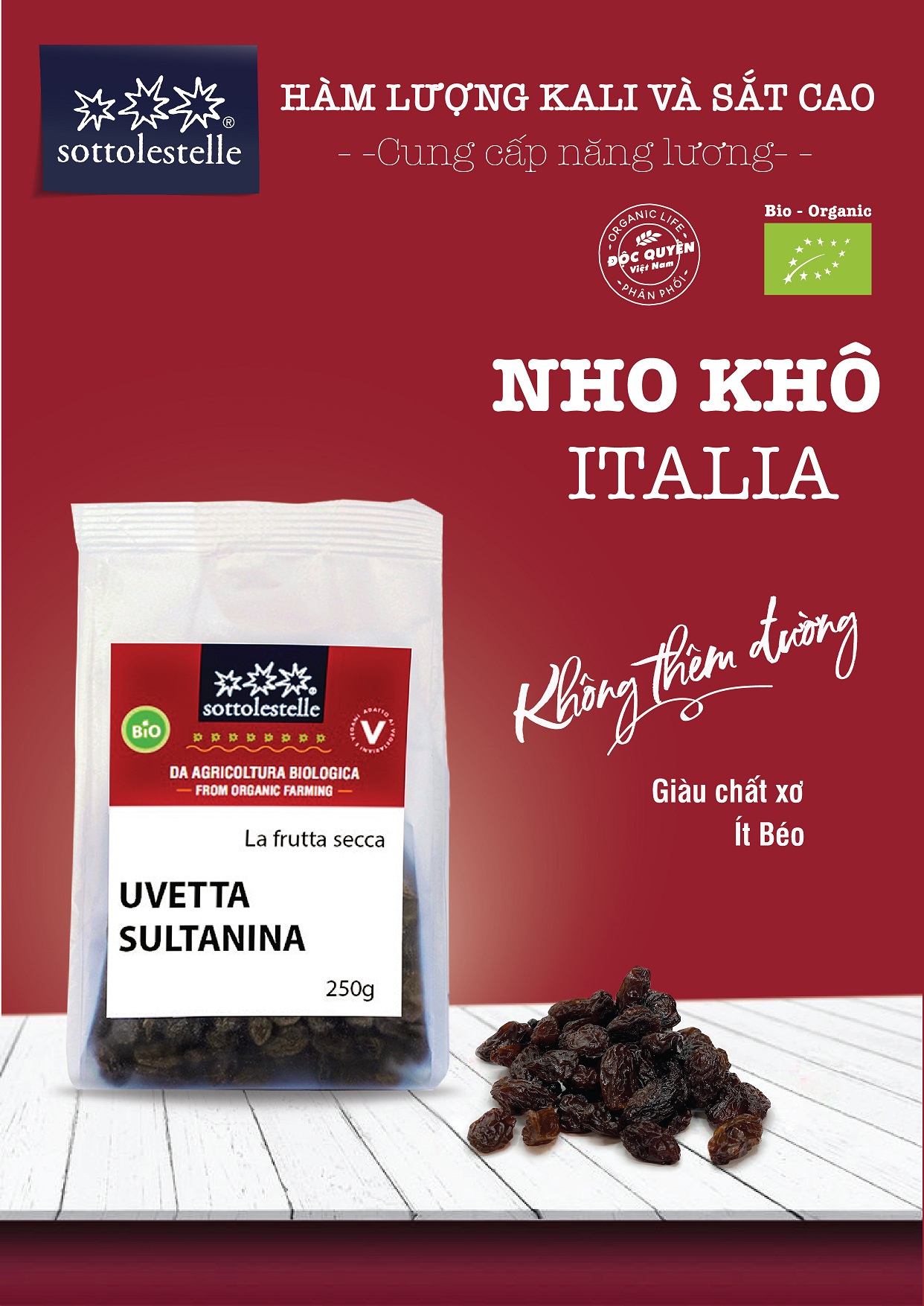 Nho Khô Sultanas hữu cơ 250g Sottolestelle Organic Raisins