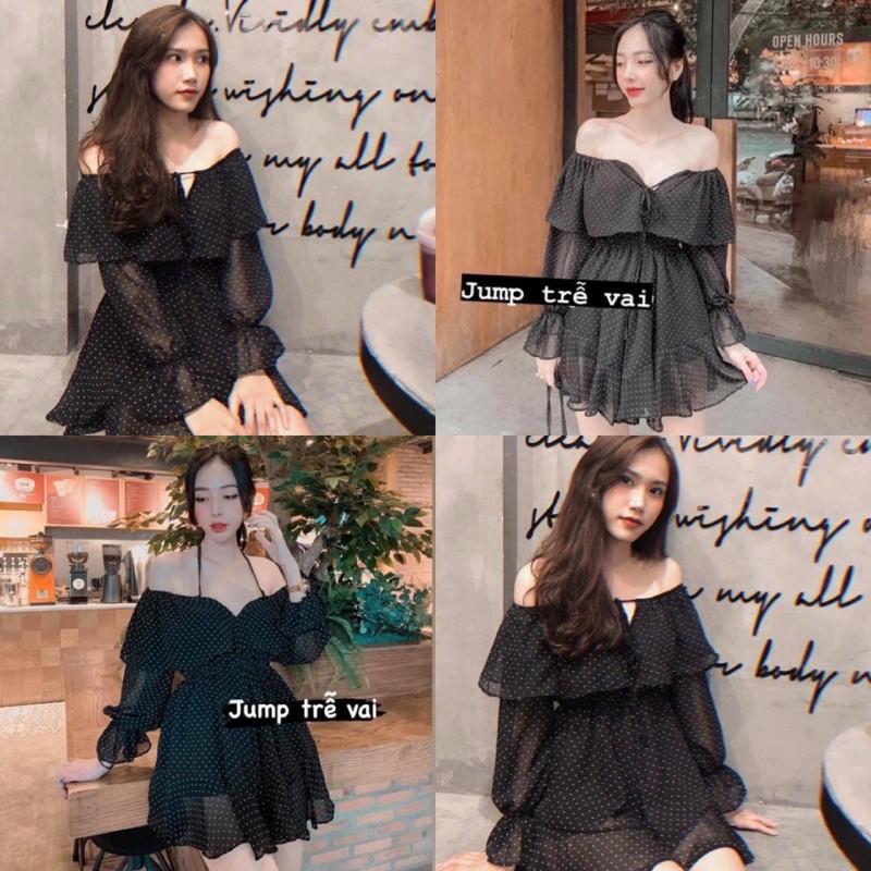 Váy Nữ liền Tay Dài Màu đen chấm bi trắng hở vai thiết kế quyến rũ phối tay xoè