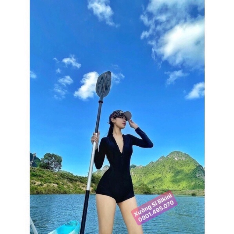 Bikini, Đồ bơi nữ có tay khóa kéo màu ĐEN FORM SHORT sành điệu kín đáo co dãn thoải mái