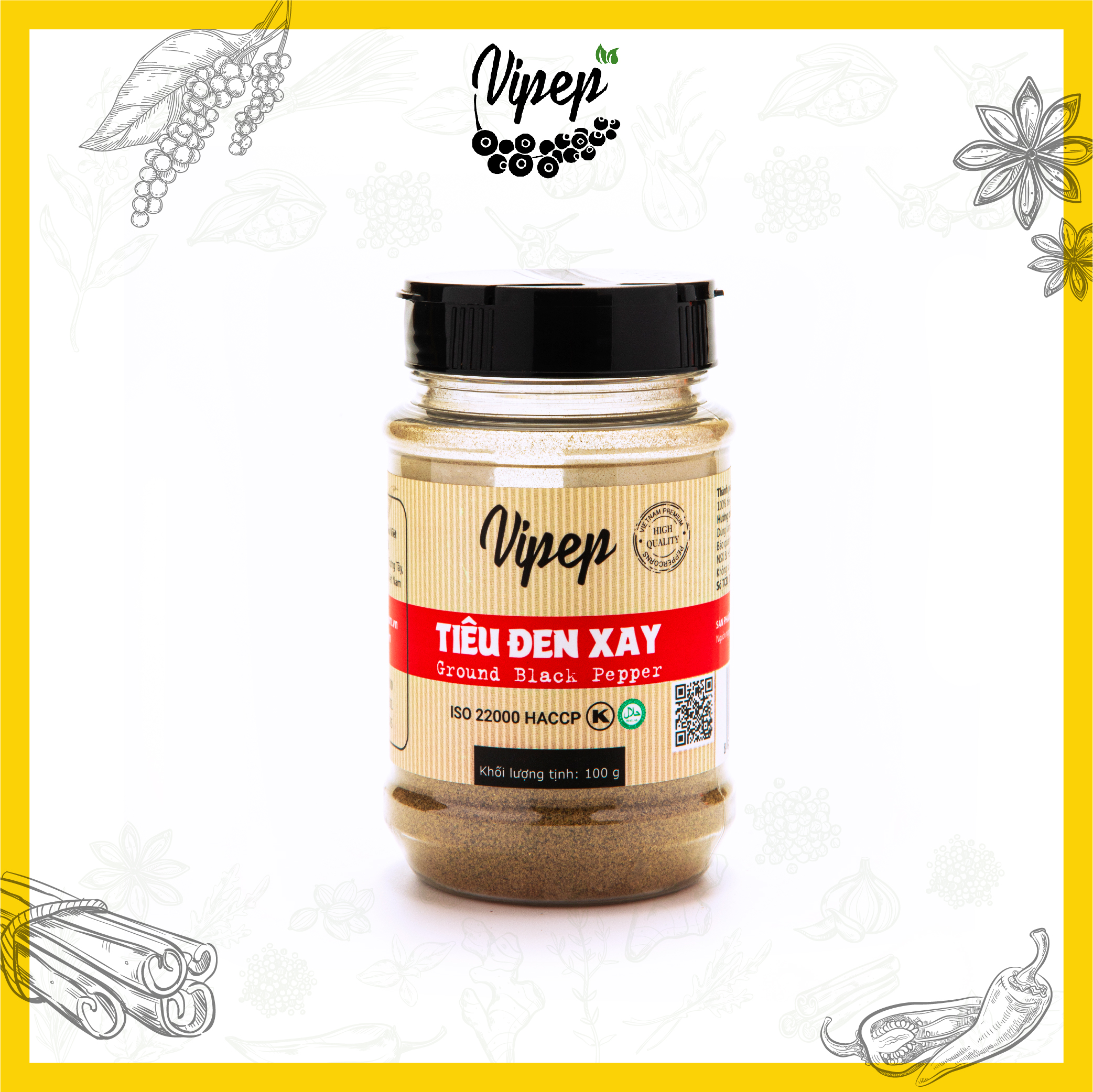 Tiêu đen xay nhuyễn Vipep 100g cay thơm dậy mùi, chuyên dùng làm gia vị ứớp thực phẩm, nêm món xào,.
