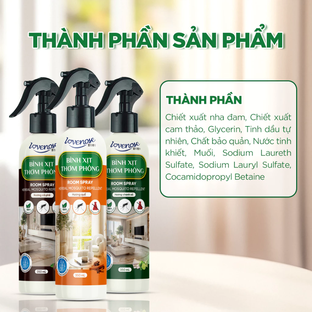 Xịt thơm phòng đuổi muỗi Lovenose đuổi côn trùng chiết xuất từ tinh dầu tự nhiên lành tính, khử mùi phòng 350ml