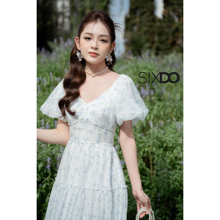 Đầm hoa nhí cổ V tay bồng thời trang SIXDO