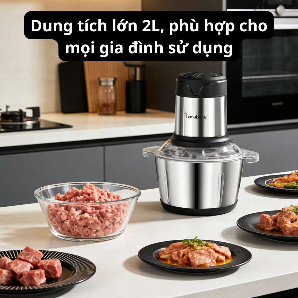 Máy xay thịt, máy xay sinh tố, xay đa năng Lumabella B-5002, công suất lớn 500W,cối 2L loại Inox304 - HÀNG CHÍNH HÃNG